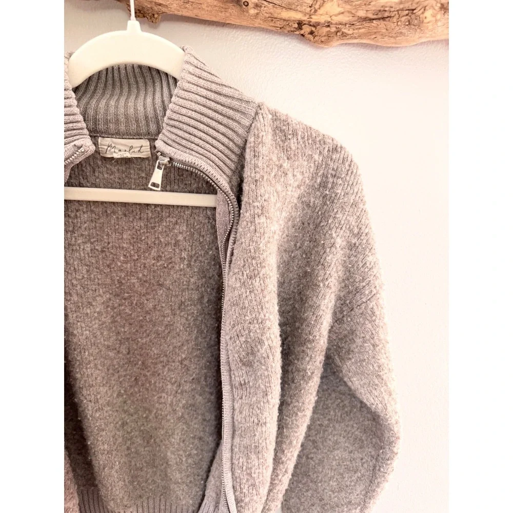 Marled Mock Neck Full Zip Cardigan Sweater Taupe Brown Wool Blend Small